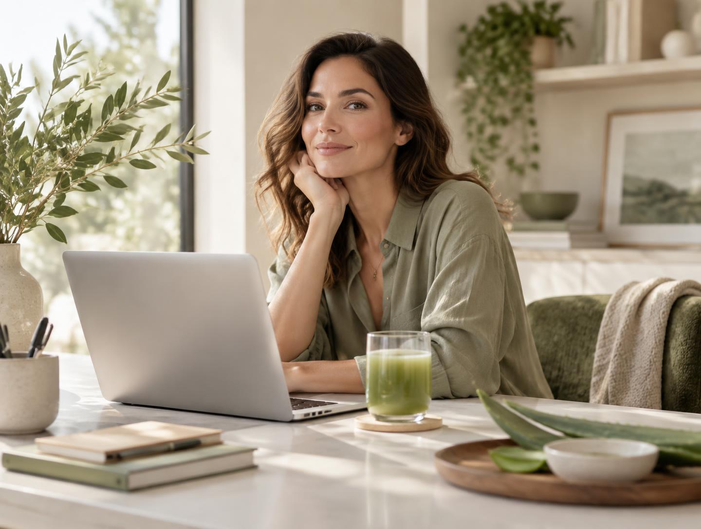 Mujer trabajando desde casa en su proyecto de bienestar